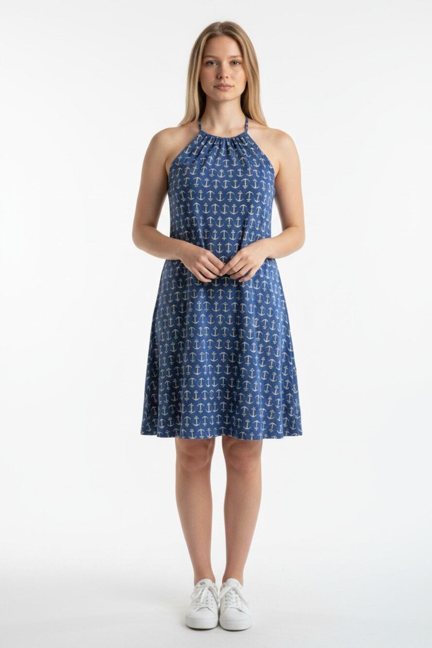 J. McLaughlin Maria Halter Dress Womens M Blue Nautical Anchor Print Stretch